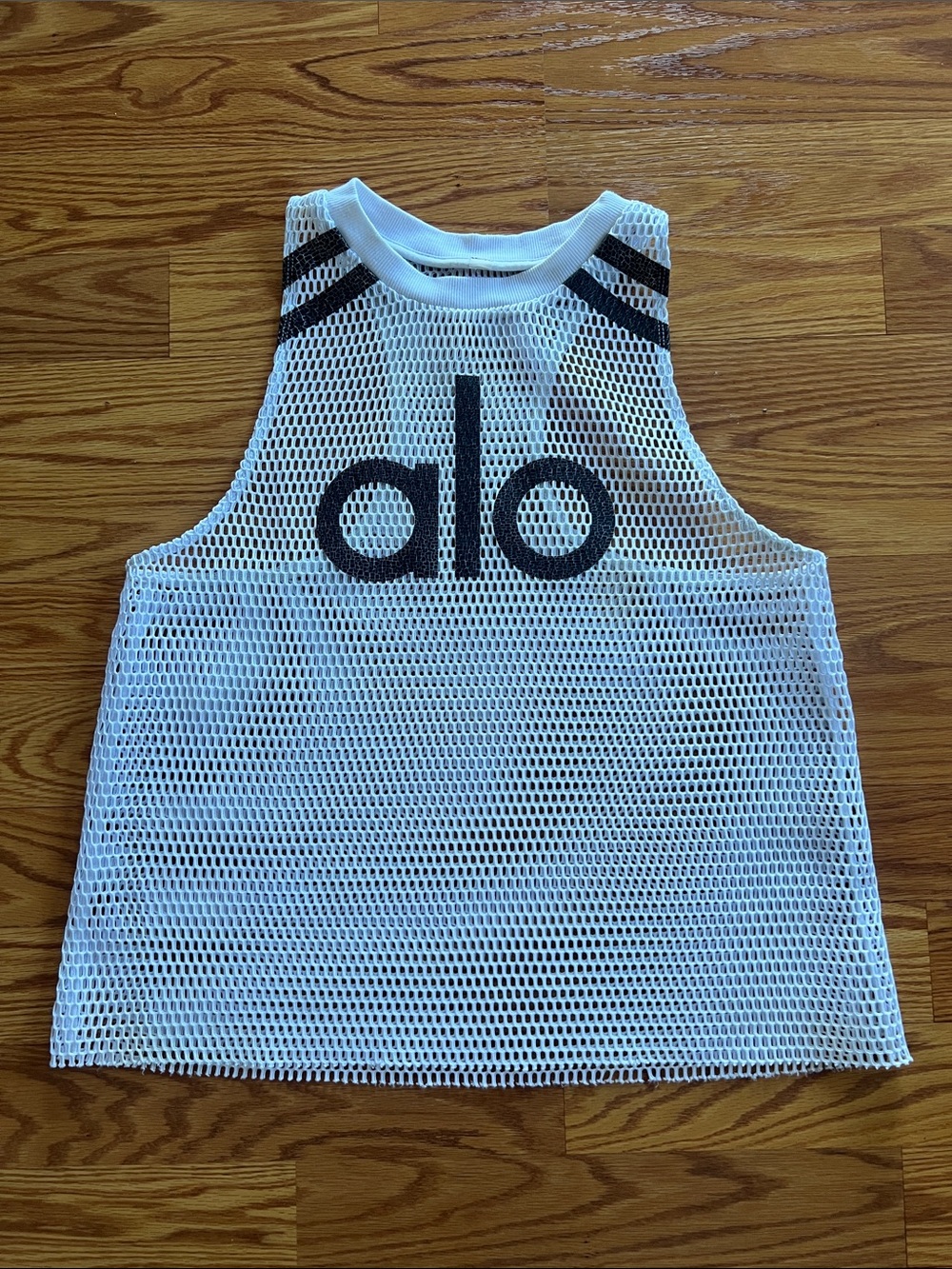 ALO Yoga White Mesh Tank with Black Logo